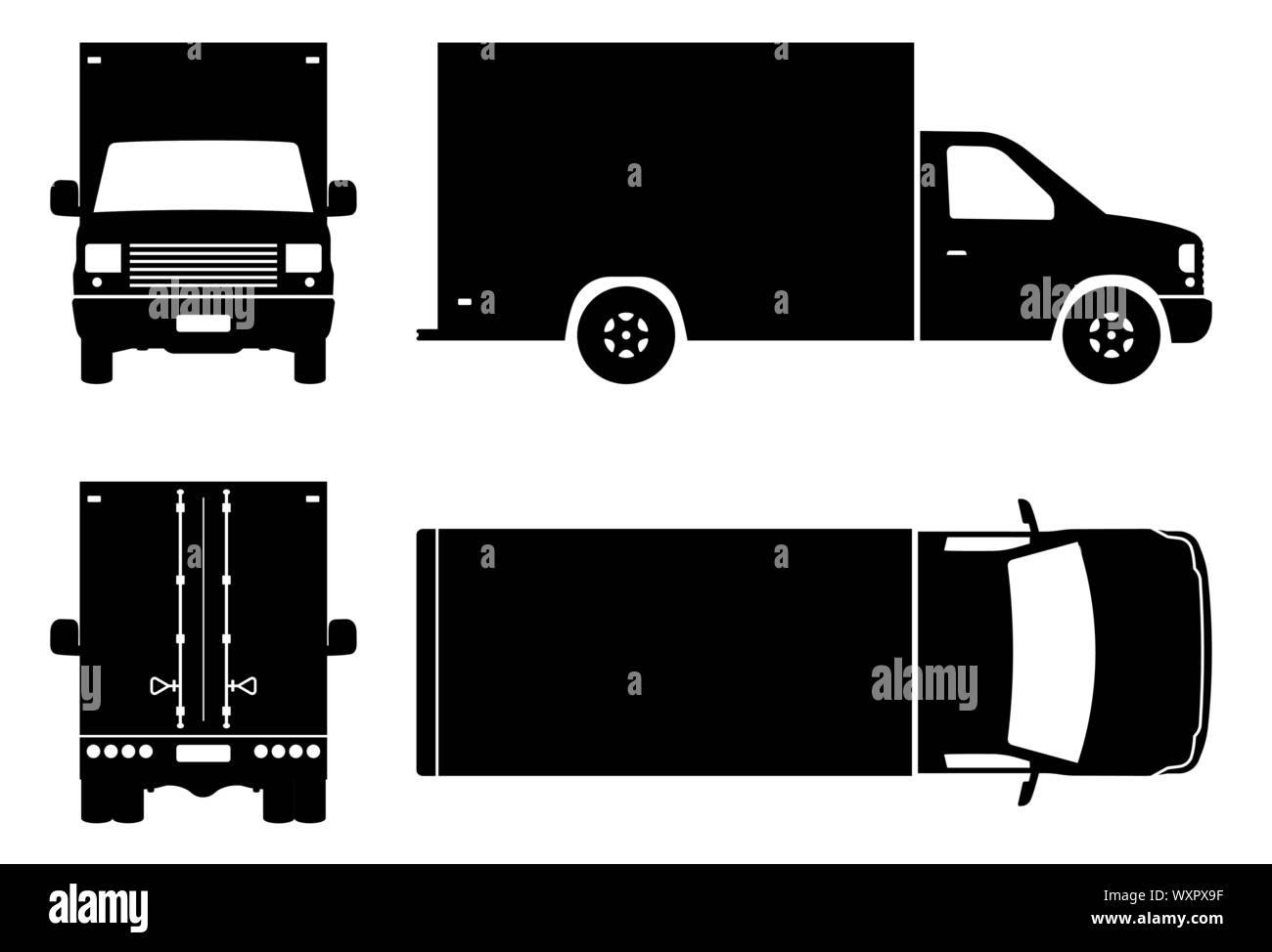 Box van Silhouette auf weißem Hintergrund. Fahrzeugsymbole Ansicht von der Seite, vorne, hinten, oben Stock Vektor