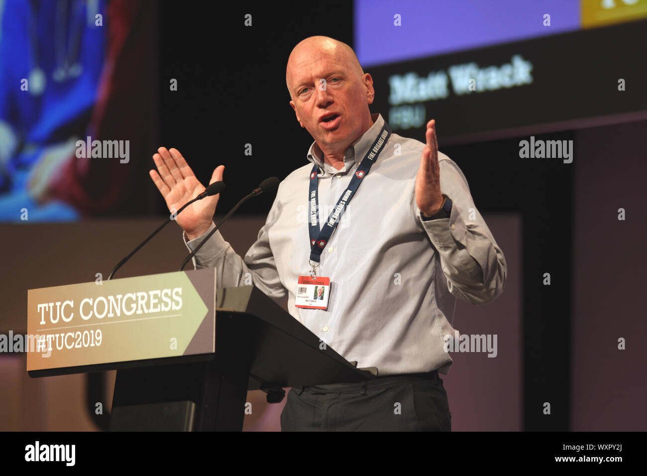 Mathew Rack der Feuerwehr Union gibt eine Rede an der TUC-Kongress in Brighton, 13. September 2019 Stockfoto