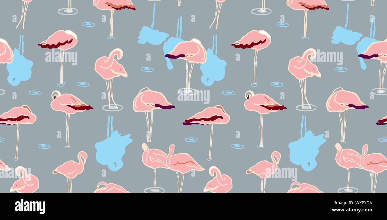 Exotische Tierwelt Flamingo Lagune Muster für Natur- und Vogelliebhaber. Einfache, aber elegante Hand gezeichnet Flamingo, in Pastelltönen auf Grau. Die nahtlose Vektor Sommer Design für Mode und stationär. Stock Vektor