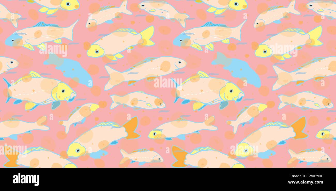 Bunte sealife Goldfisch koi nahtlose Muster. Mit geometrischen Touch in blau, pink und gelb. Moderne, grafische, skurrilen Stil. Ideal für Restaurant Menue, Verpackungsdesign, Aqua und Meer lieben. Home Decor und sationary. Stock Vektor