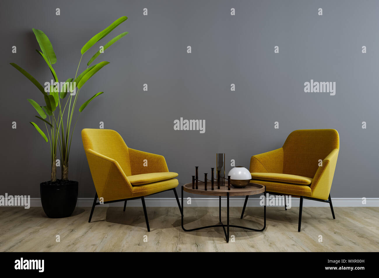 Dekorativer Hintergrund für Home, Office und Hotel. Modernes Design Wohnzimmer Textur Wand Hintergrund und Pflanzen. 3D-Rendering Stockfoto