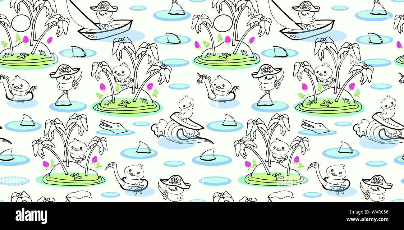 Weiß vektor Rapport mit schwarzer Linie kunst Adventure Island, Pirat duchk, Shark, Krokodil und surfen Ente. Lustig und niedlich Muster perefct für Papier und Textilien Projekte. Japan inspiriert. Stock Vektor