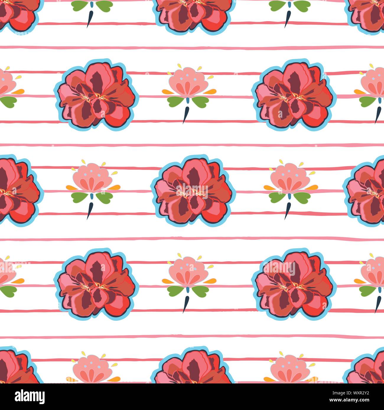 Weiß vektor Rapport mit roten Geranien blühen, blau Volkskunst florals und roten Streifen. Japan inspiriert. Comic Stil. Perfekt für Papier und Textilien Projekte oder Veranstaltungen. Oberfläche pattern Design. Stock Vektor