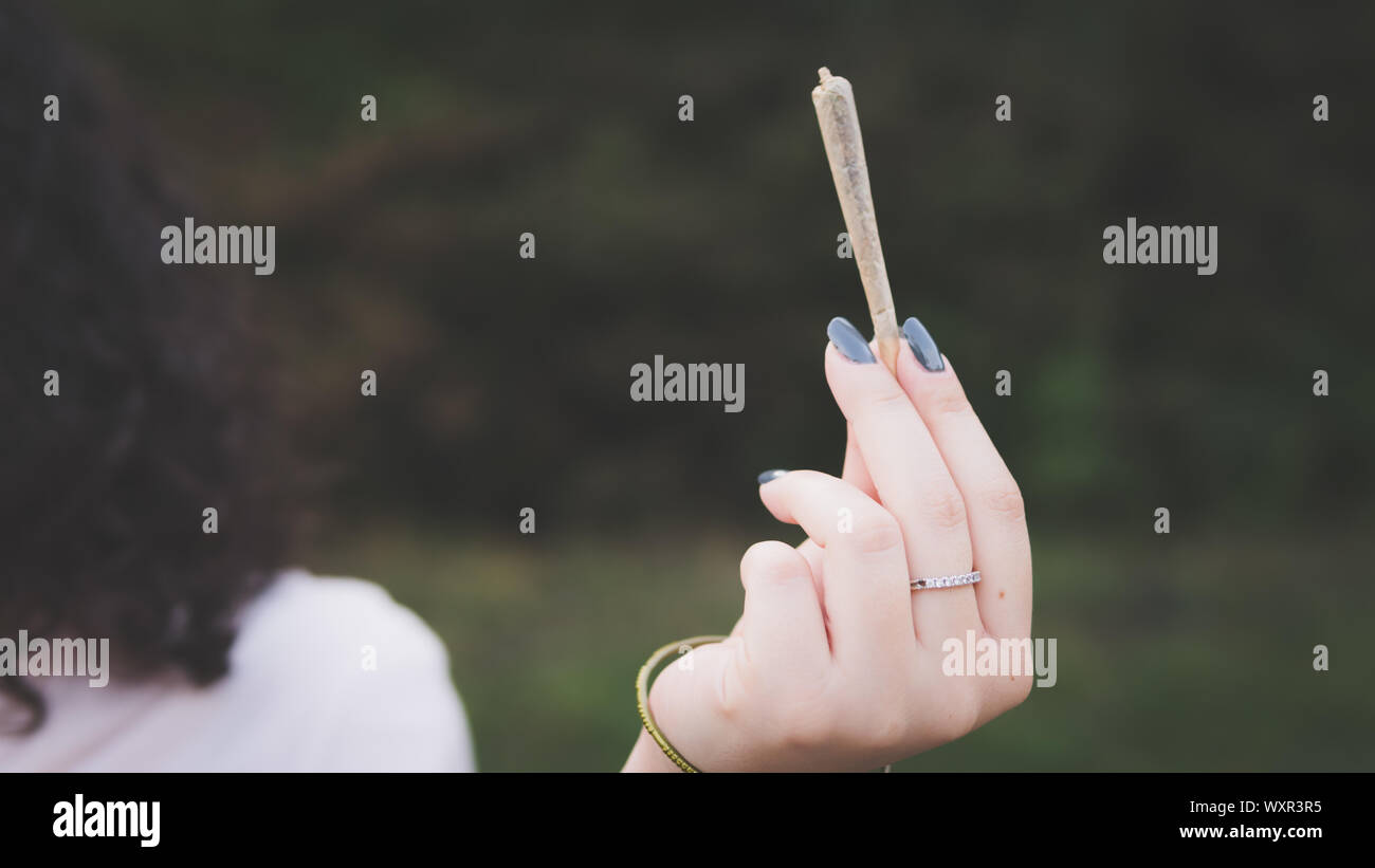 Nahaufnahme der weibliche Hände, die Marihuana, Cannabis stumpf im Freien. Cannabis ist ein Konzept der Kräutermedizin Stockfoto