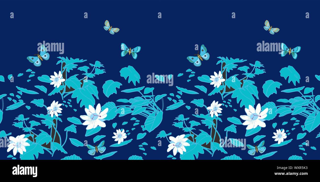 Farbenfrohe Sommer Nacht exotischen Dschungel nahtlose Grenze. Botanical Leaf, farbenfrohen, modernen Stil, in blauen Farbtönen. Für Mode, Strandleben, Wohnkultur, stationär. Sommer und Strand leben. Stock Vektor