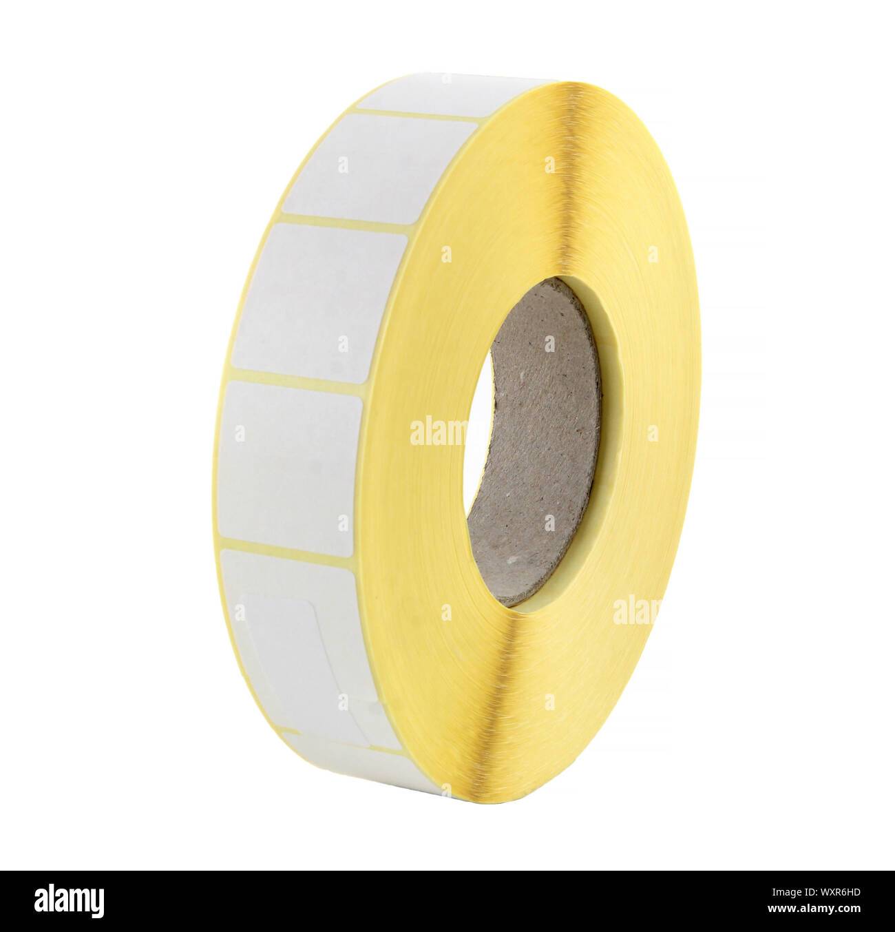 Haspel mit weißen Aufkleber Etiketten auf dem weißen Hintergrund. Etiketten für Thermodrucker für Barcodes auf waren. Stockfoto