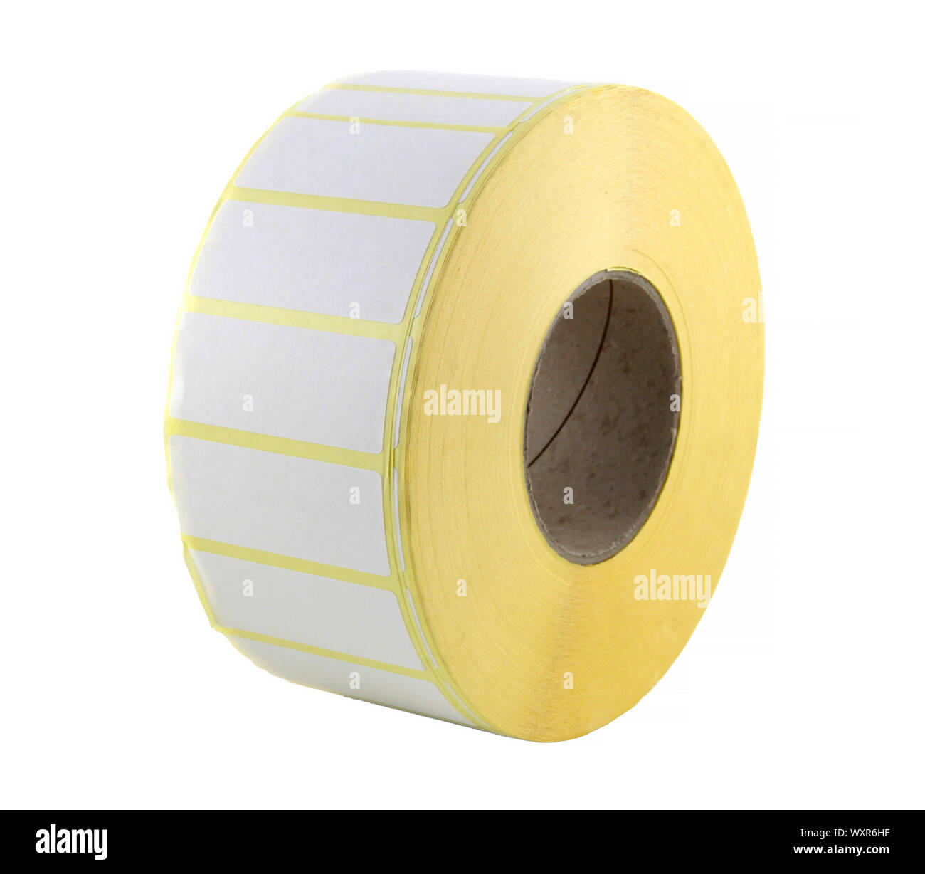 Haspel mit weißen Aufkleber Etiketten auf dem weißen Hintergrund. Etiketten für Thermodrucker für Barcodes auf waren. Stockfoto