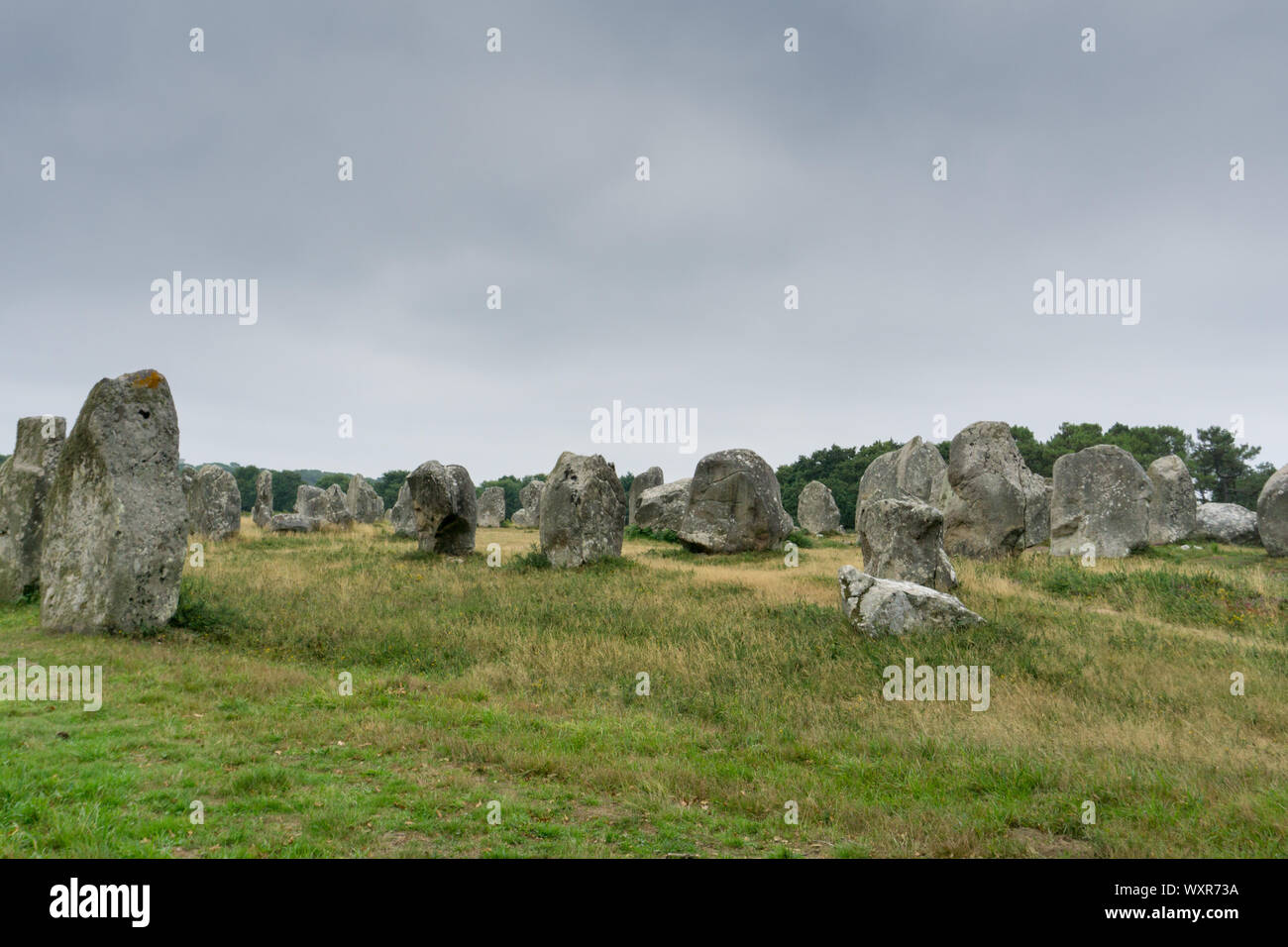 Anzeigen von prähistorischen monolith Stein Ausrichtungen in der Bretagne bei Carnac Stockfoto