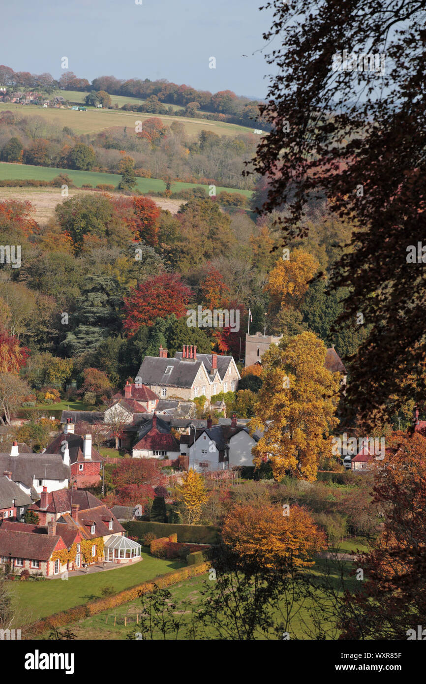 Herbst Farbe im Dorf Selborne, Hampshire, UK, aus dem Buche "Aufhänger" oberhalb des Dorfes gesehen Stockfoto