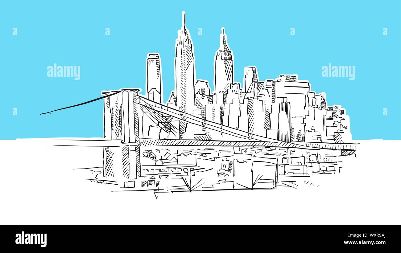 Manhattan und Brooklyn Bridge Skyline Panorama Vektor Skizze. Handgezeichnete Abbildung auf blauem Hintergrund. Stock Vektor