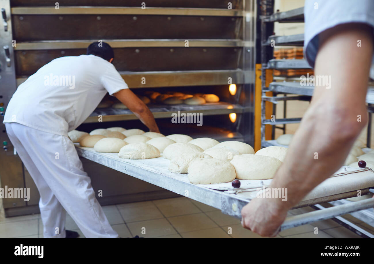 Zwei Bäcker Drängen ein Tablett mit Brot in den Backofen in der Bäckerei Stockfoto