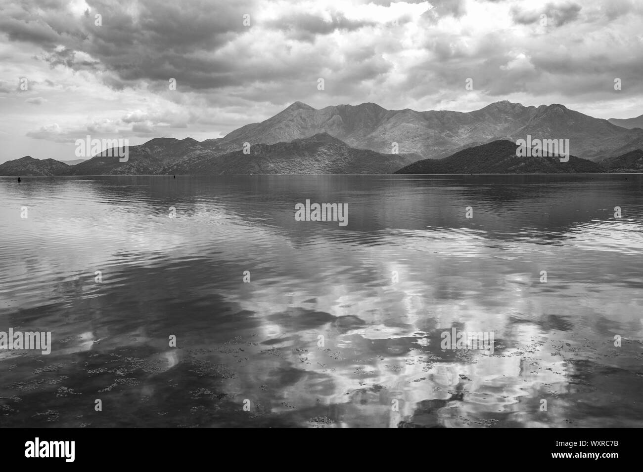 Skadarsee - bewölkter Himmel und die Berge. Montenegro. Schwarz-weiß Foto. Stockfoto