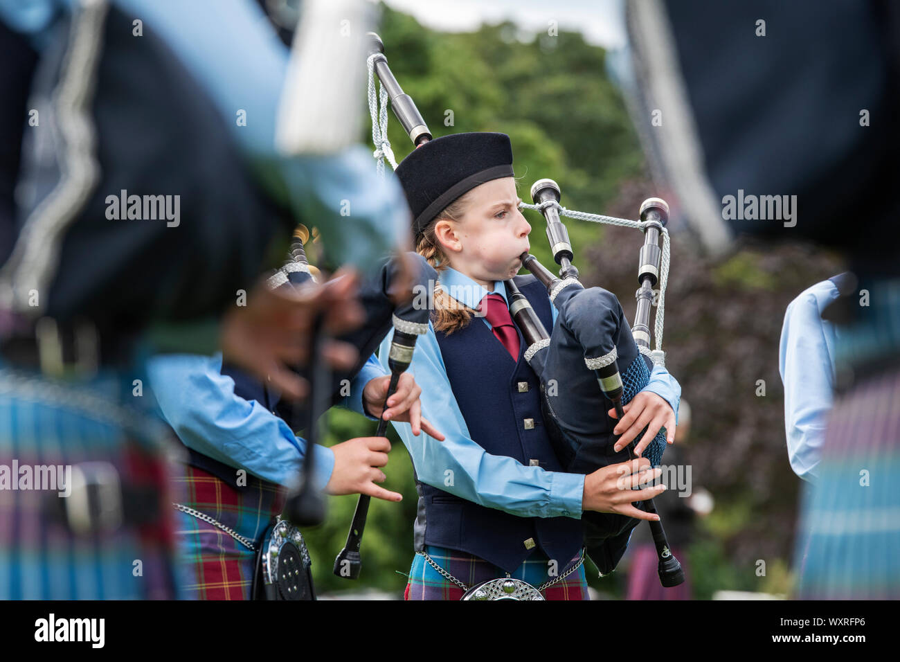 Burntisland und District Pipe Band, Dudelsack in Peebles highland games. Scottish Borders, Schottland Stockfoto