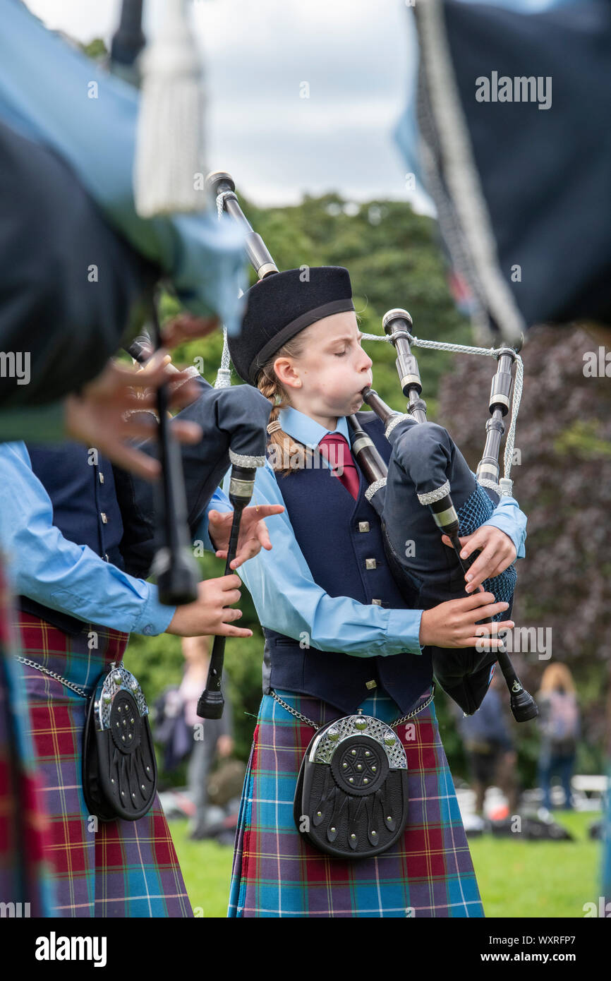 Burntisland und District Pipe Band, Dudelsack in Peebles highland games. Scottish Borders, Schottland Stockfoto