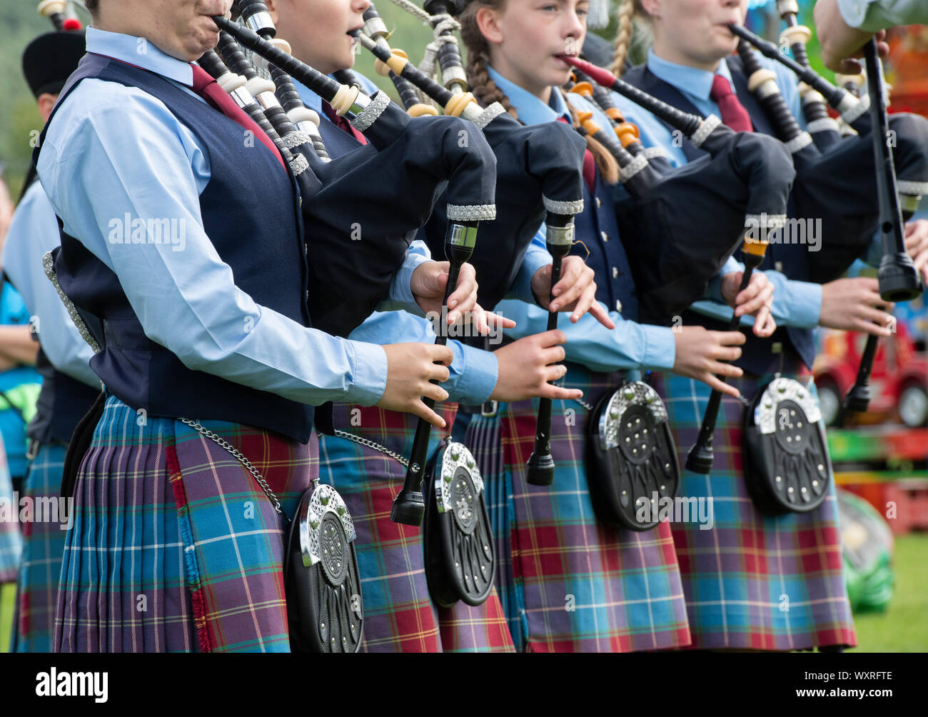 Burntisland und District Pipe Band, Dudelsack in Peebles highland games. Scottish Borders, Schottland Stockfoto