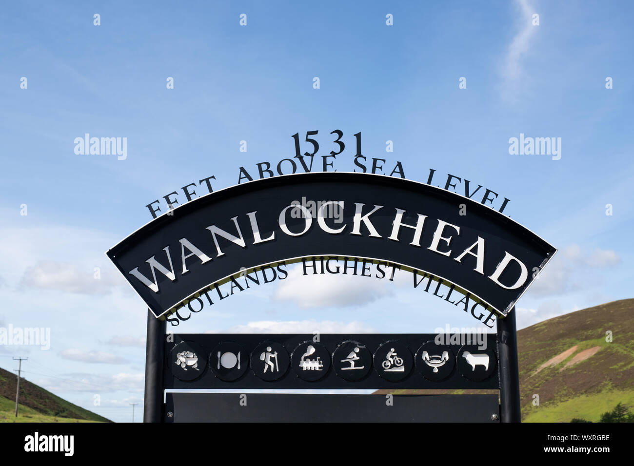 Wanlockhead Ortsschild, Scotlands höchste Dorf. Dumfries und Galloway, Scottish Borders, Schottland Stockfoto