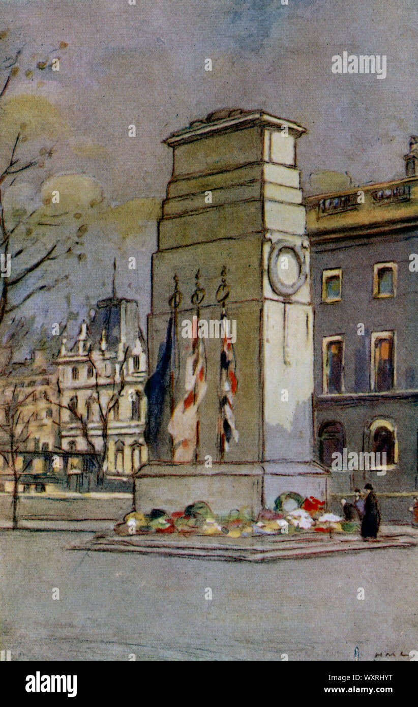 Das Ehrenmal, London, c 1925. Von Horace Mann Livens (1862-1936). Das ehrenmal ist ein Kriegerdenkmal auf Whitehall in London, England. Seine Herkunft ist in eine temporäre Struktur für einen Frieden Parade errichtet nach dem Ende des Ersten Weltkriegs. Es wurde im Jahre 1920 durch eine permanente Struktur ersetzt und die offizielle National War Memorial des Vereinigten Königreichs bezeichnet. Stockfoto