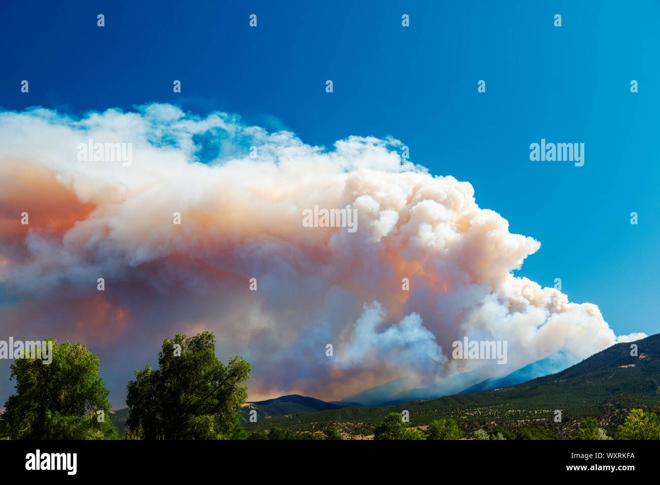 San Luis Valley Wald Feuer Rauch über Methodistischen Berg; Arkansas River Tal; Salida, Colorado, USA Stockfoto