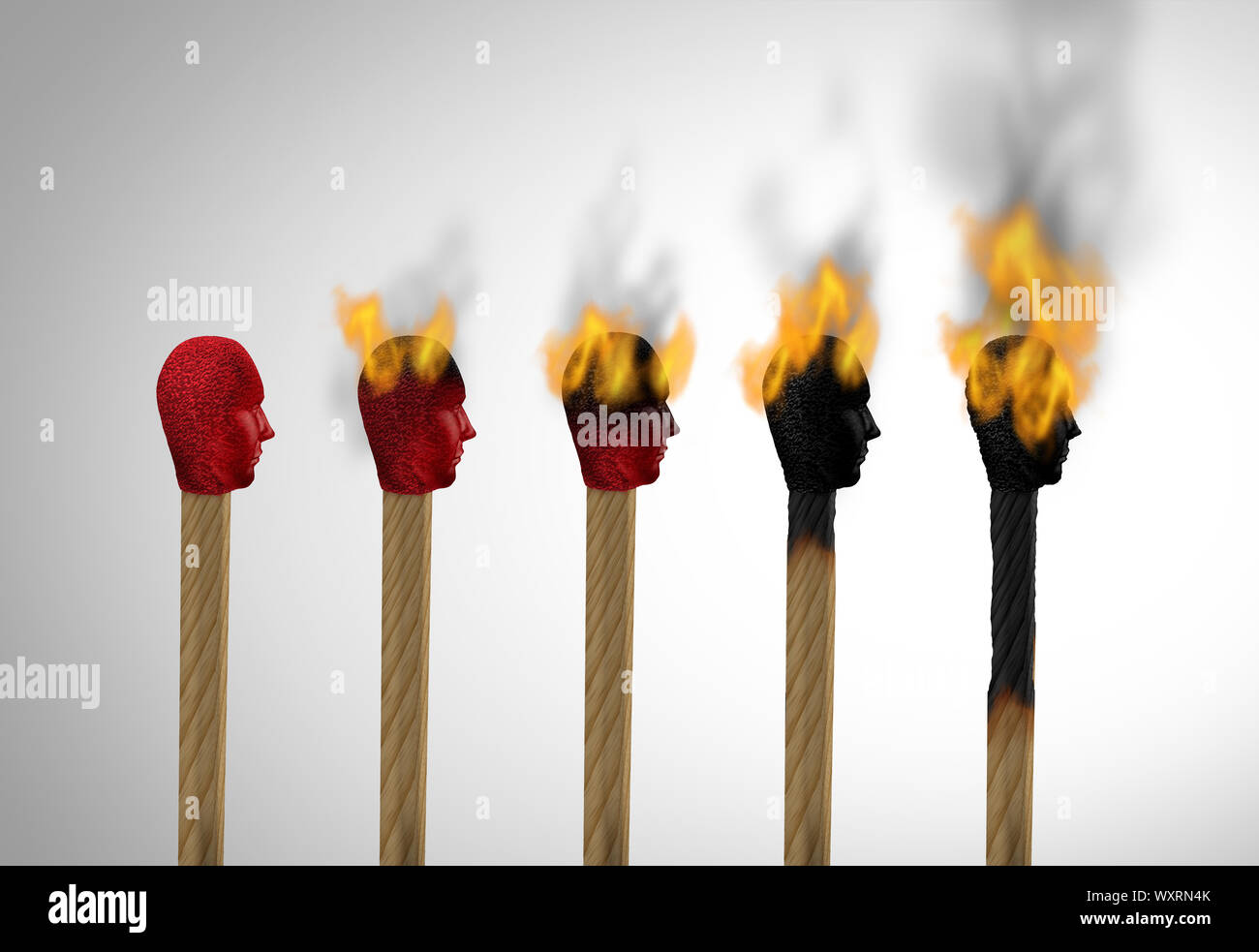 Konzept der Burnout oder Karriere Burn-Out und Stress überfordert und Brennen aus Erschöpfung als gleiches Symbol eines Mitarbeiters als Arbeit erschöpft. Stockfoto