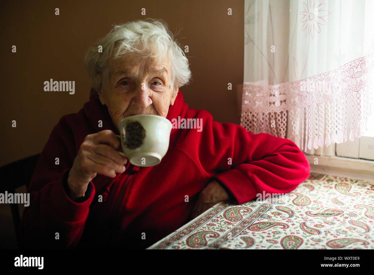 Porträt eines alten grauhaarige Frau, trinken Tee an seinem Haus. Stockfoto