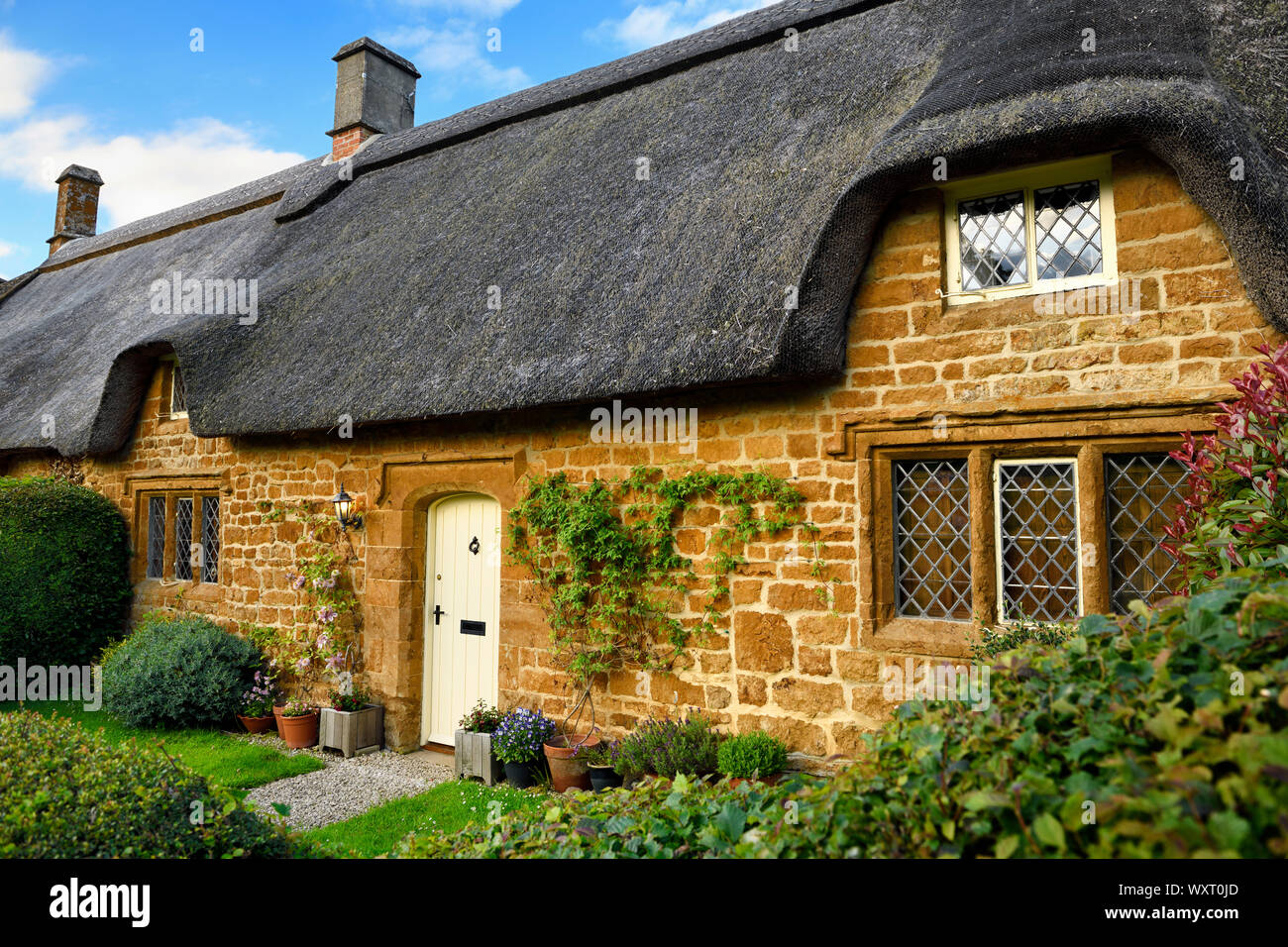Historische reetgedeckte Cottage Haustür in großer Tew Dorf mit gelben Cotswold Kalkstein Oxfordshire England bei Sonnenuntergang Stockfoto