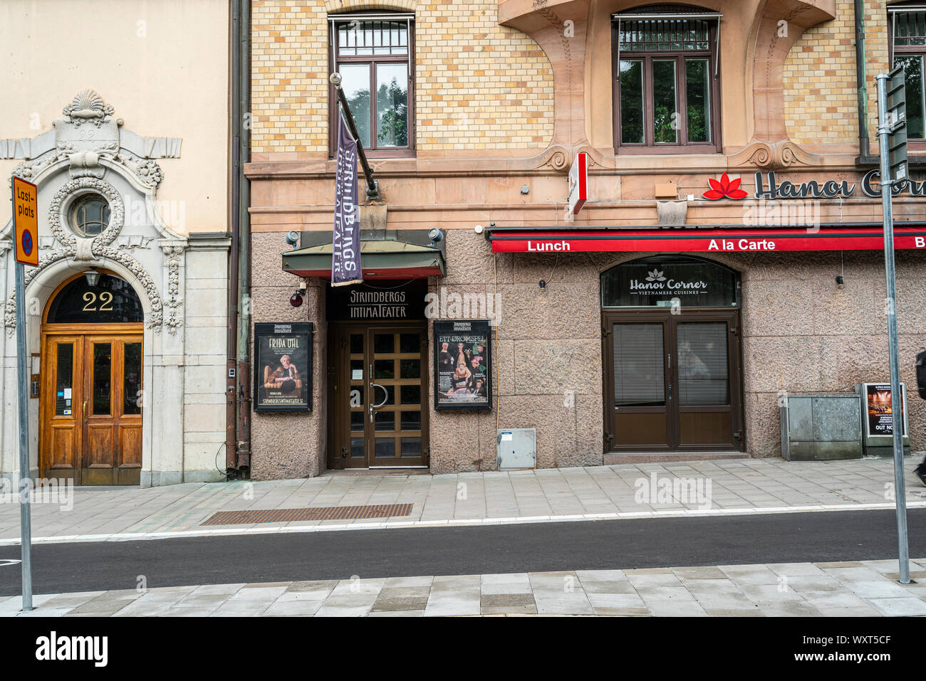 Stockholm, Schweden. September 2019. Ein Blick auf die Eingangstür zu Strindbergs Intima-media Teater Stockfoto