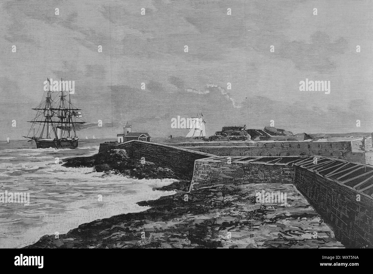 España. Islas Baleares. Mahón. Fortaleza de Isabel II o Fortaleza de La Mola, Complejo militar Español situado en la Península de La Mola, en la Entrada del Puerto de Mahón. Construido a mediados Del Siglo XIX. Dibujo de A. de Caula. Grabado por Bernardo Rico (1825-1894). La Ilustración Española y Americana, 15 de Enero de 1884. Stockfoto