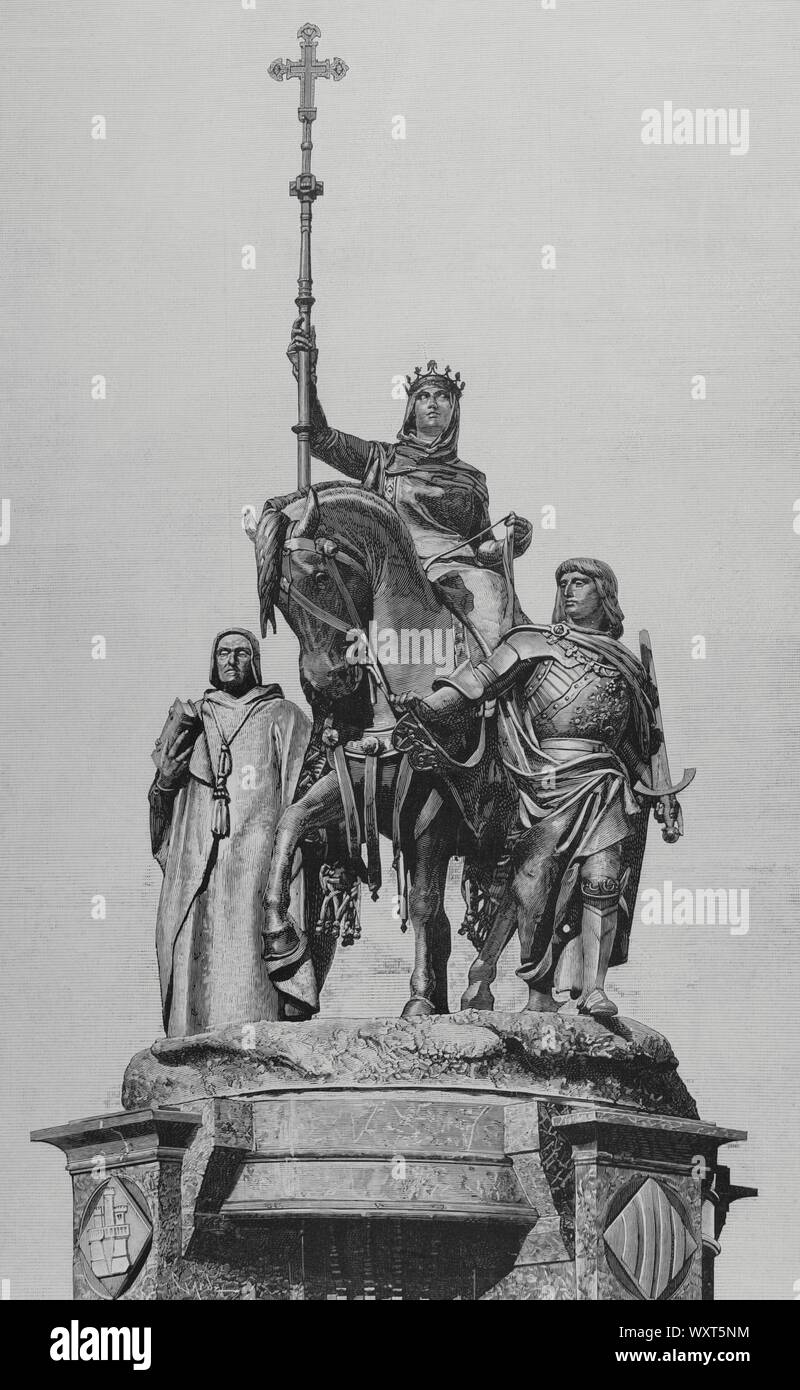 Ich Isabel la Católica (1451-1504). Reina de Castilla (1474-1504), hija de Juan II. de Castilla y de Isabel de Portugal. En 1469 Casada con Fernando, príncipe Parador De Jarandilla de la Corona aragonesa. Monumento a Isabel la Católica en Madrid. Grupo escultórico en Bronce por Manuel Oms (1842-1889). La Ilustración Española y Americana, 8 de Enero de 1884. Stockfoto