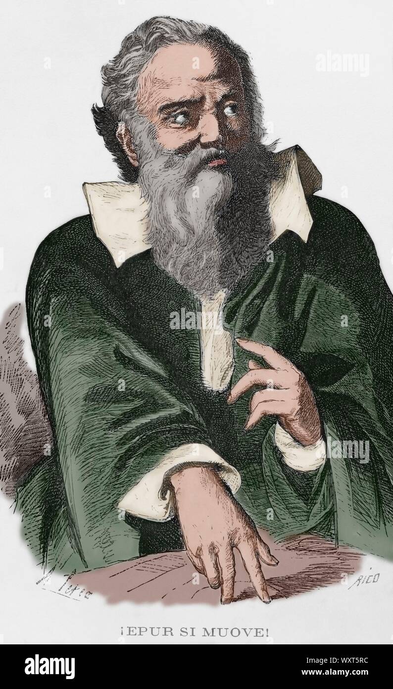 Galileo Galilei (1564-1642). Astrónomo, filósofo, Ingeniero, Matemático y físico Italiano, relacionado con la Revolución cientifica. 'E pur si Um den Ausspruch "(y, si Embargo, se mueve). Famosa pronunció Frase que Después de abjurar de la Visión heliocéntrica ante el Tribunal de la Santa Inquisición. Grabado por Rico. Coloreado. Crónica de España, Historia y Ilustrada Descriptiva de Sus Provincias. Castilla-La Nueva, 1869. Stockfoto