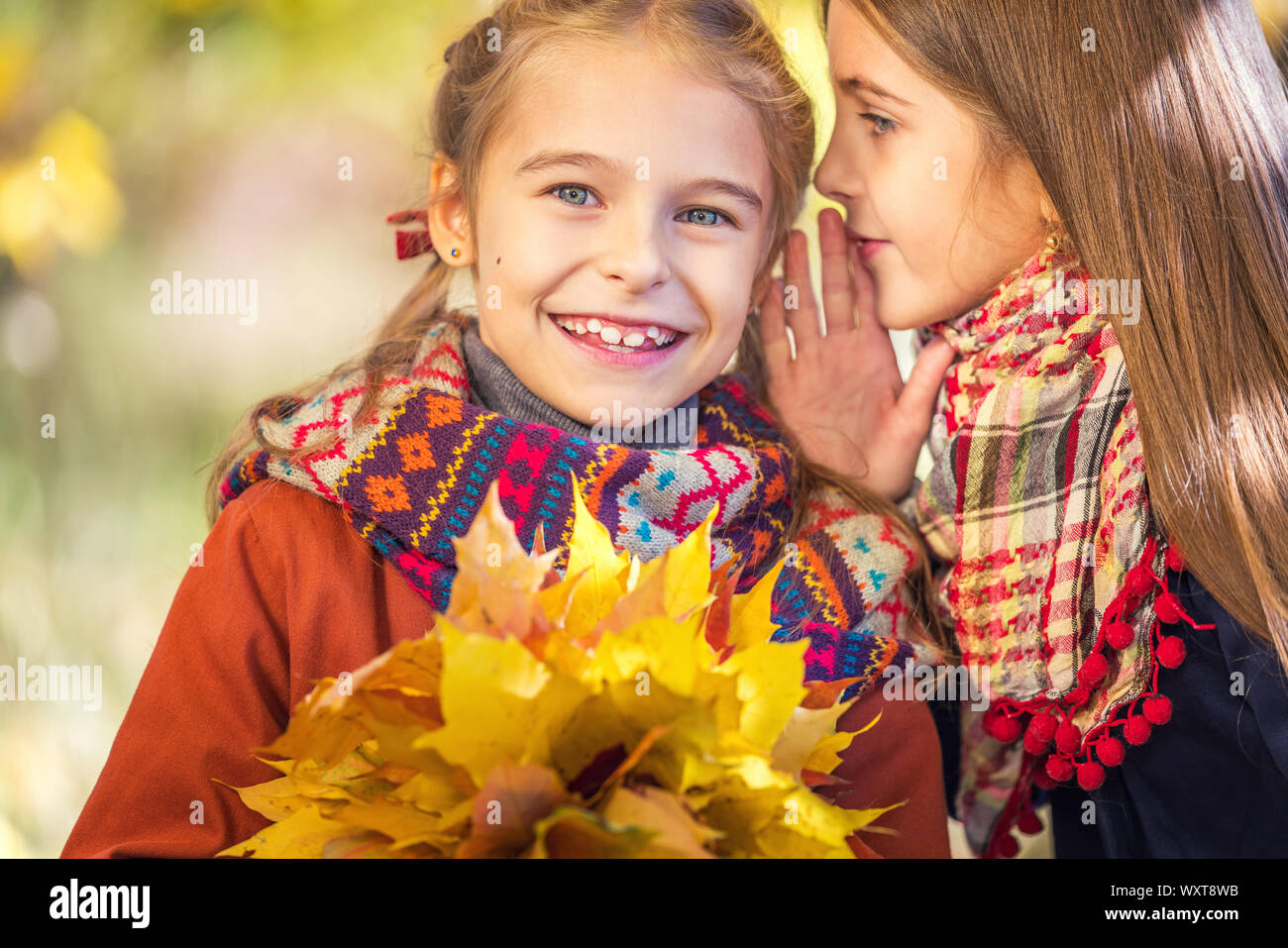Zwei süße Lächeln 8 Jahre alte Mädchen in einem Park Plaudern auf einem sonnigen Herbsttag. Stockfoto
