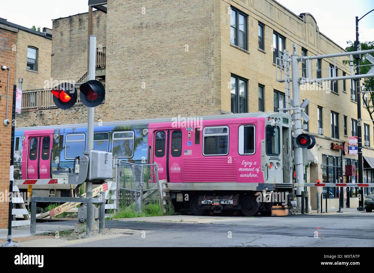 Chicago, Illinois, USA. Ein farbenfroh eingerichteten CTA braune Linie Bahn laufen auf der Straße in der Nähe der Anschlussstelle. Stockfoto