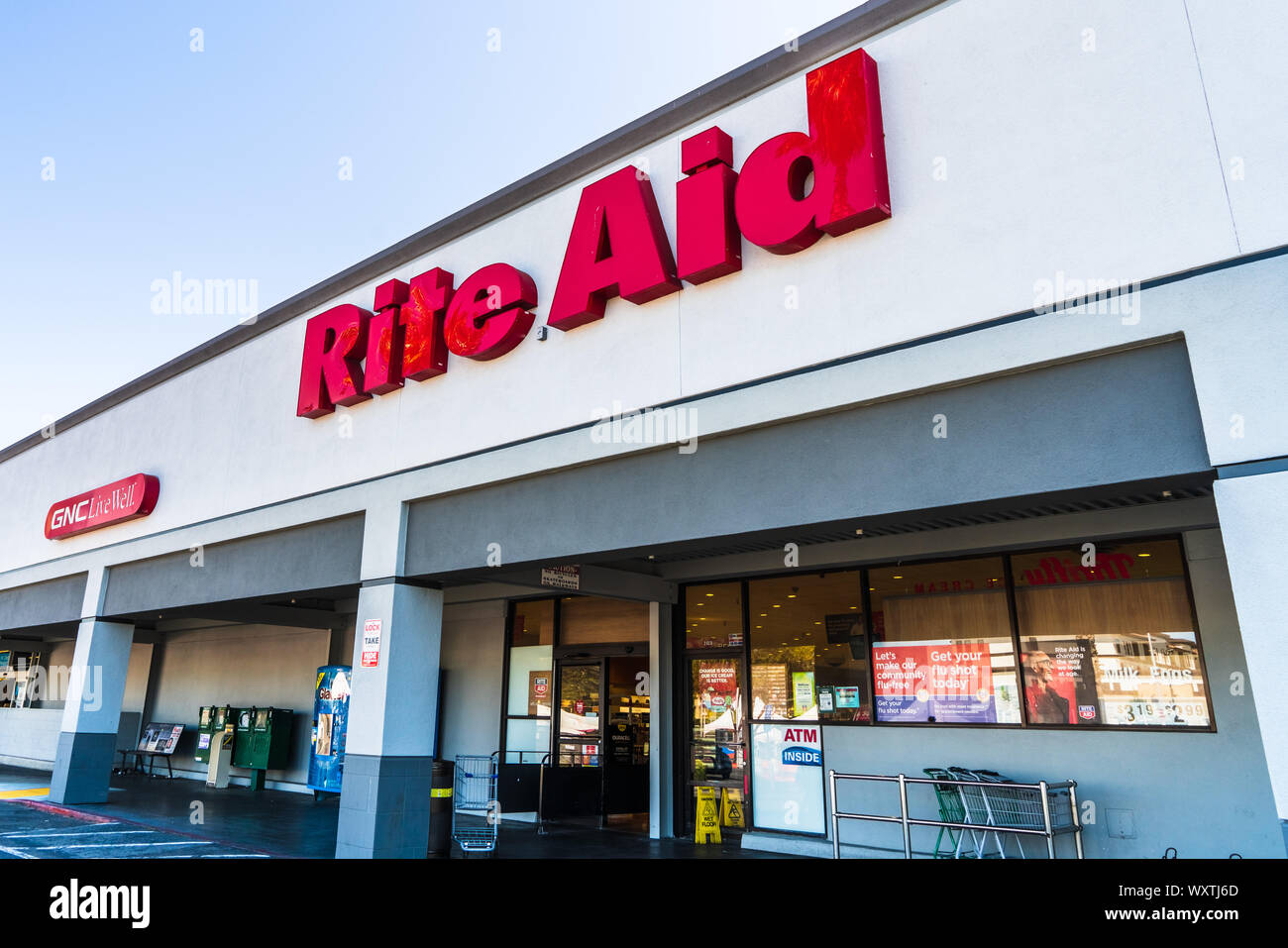 September 12, 2019 Santa Clara/CA/USA - Rite Aid pharmacy Eingang; Rite Aid Corporation ist der drittgrößte Drogeriemarktkette in den Vereinigten Staaten Stockfoto