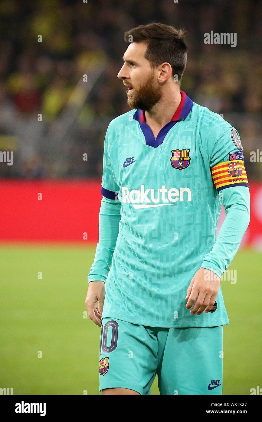 Dortmund, Deutschland. 17 Sep, 2019. Dortmund, 17. September 2019: CL - 19/20 - Borussia Dortmund gegen Dortmund. Lionel Messi FC Barcelona (Barcelona). Einzelnes Bild. /Strong Mimik/Emotion nachahmen. Geste/Geste/Gestikuliert/nachdenklich/grvbleelnd/gruebelnd | Verwendung der weltweiten Kredit: dpa/Alamy leben Nachrichten Stockfoto