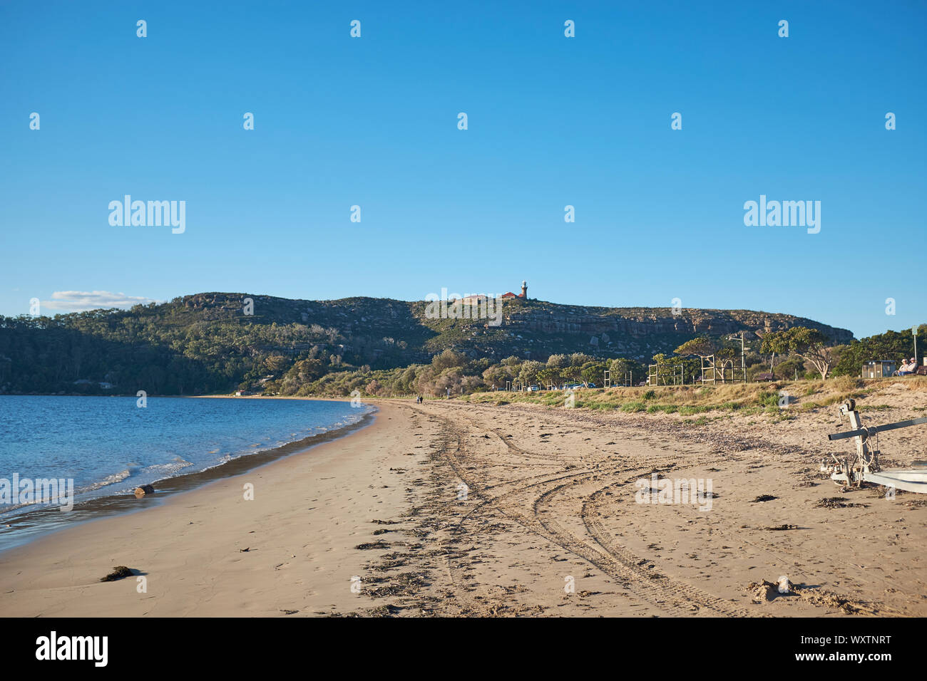 Palm Beach an einem sonnigen Tag mit einem klaren blauen Himmel in Richtung Barrenjoey Head suchen und den Leuchtturm in der Ferne, New South Wales, Australien Stockfoto