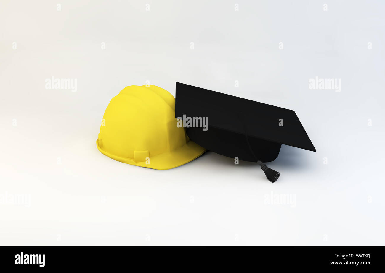 Arbeiten mit Helm und skalenhaube auf einem weißen Hintergrund. Arbeitsmarkt Konzept. 3D-Rendering Stockfoto