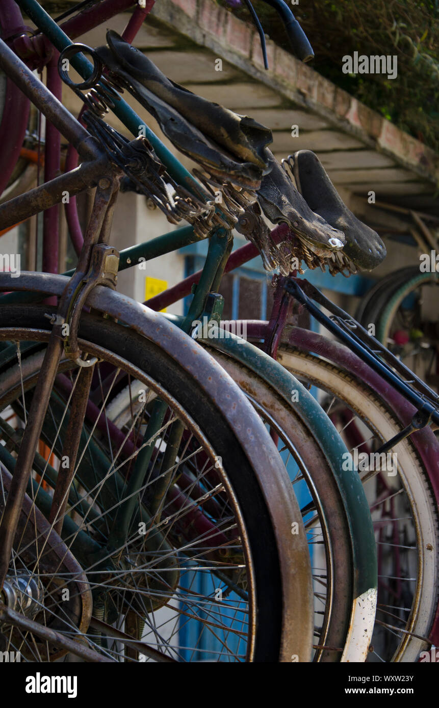 Nahaufnahme eines Mockup von einer asiatischen Stil Fahrrad shop Nahaufnahme der Fahrräder im Detail mit kontrastierenden Farben Stockfoto