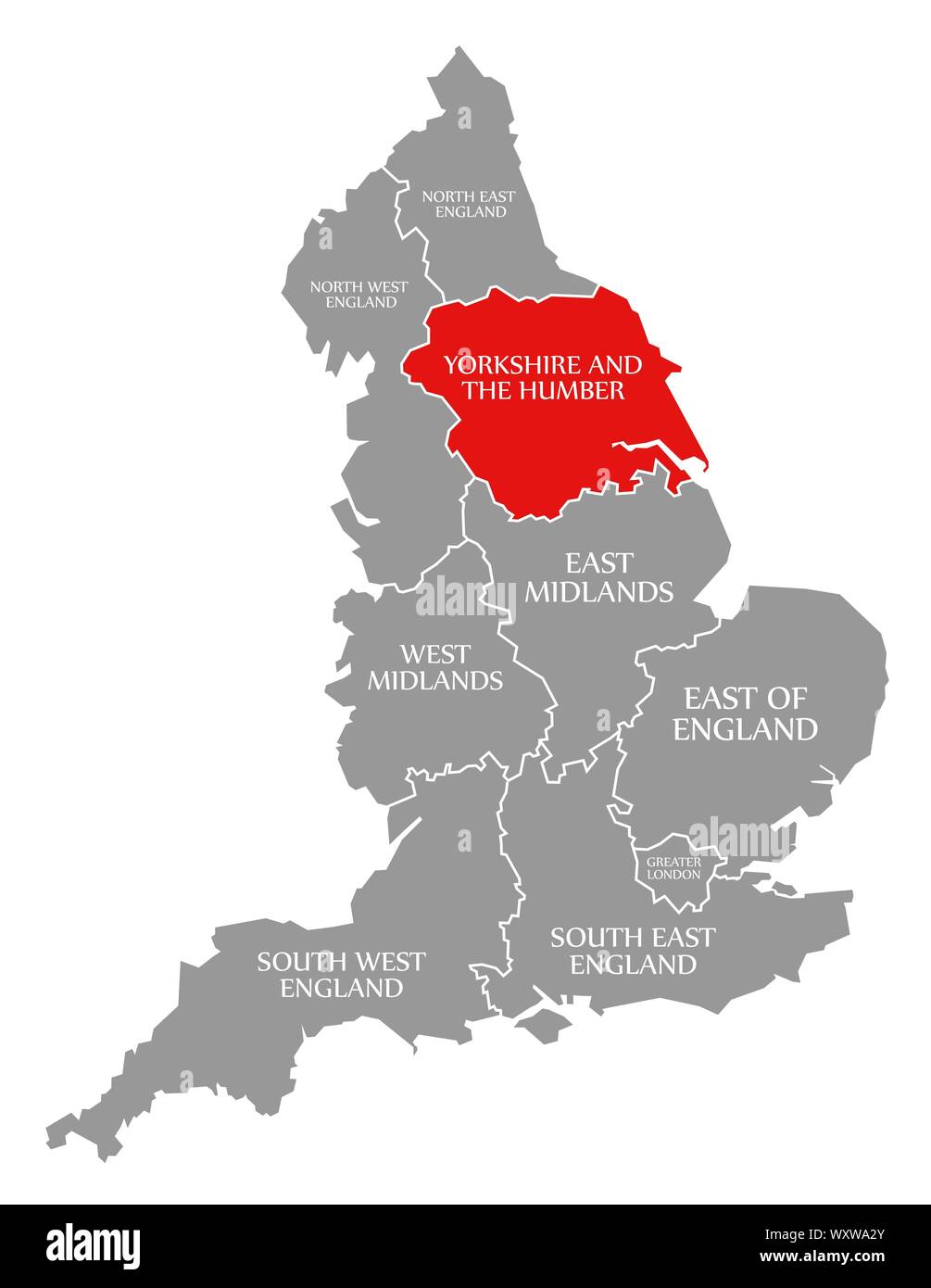 Yorkshire und Humber rot hervorgehoben Karte von England Großbritannien Stockfoto