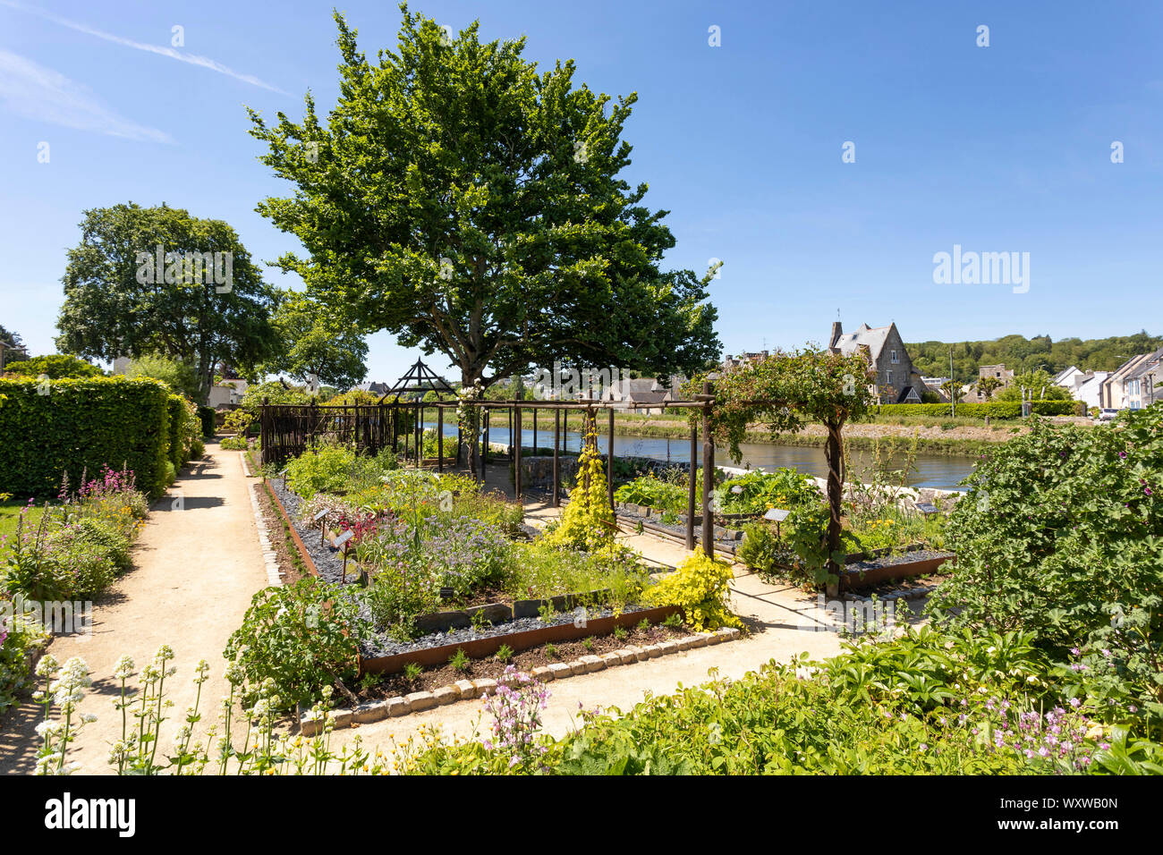 Fouesnant (Bretagne, Frankreich): Garten des Klosters Notre-Dame de Locmaria entlang dem Fluss Odet, eine bemerkenswerte Garten mit aromatischen und m Stockfoto