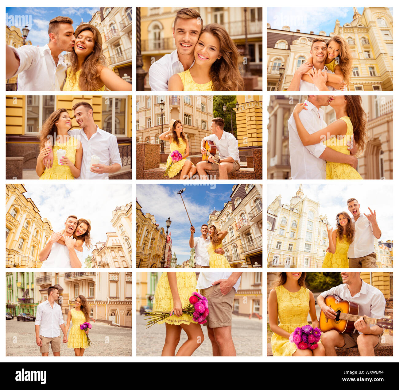 Collage von netten jungen Paar in Liebe Walking Street in der Altstadt Stockfoto