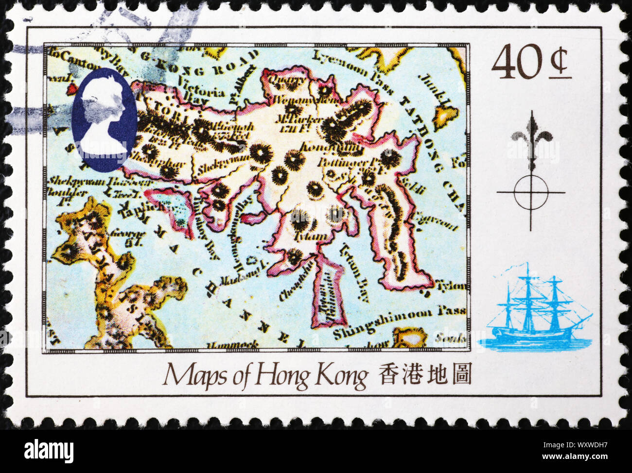 Antike Karte von Hong Kong auf Briefmarke Stockfotografie - Alamy
