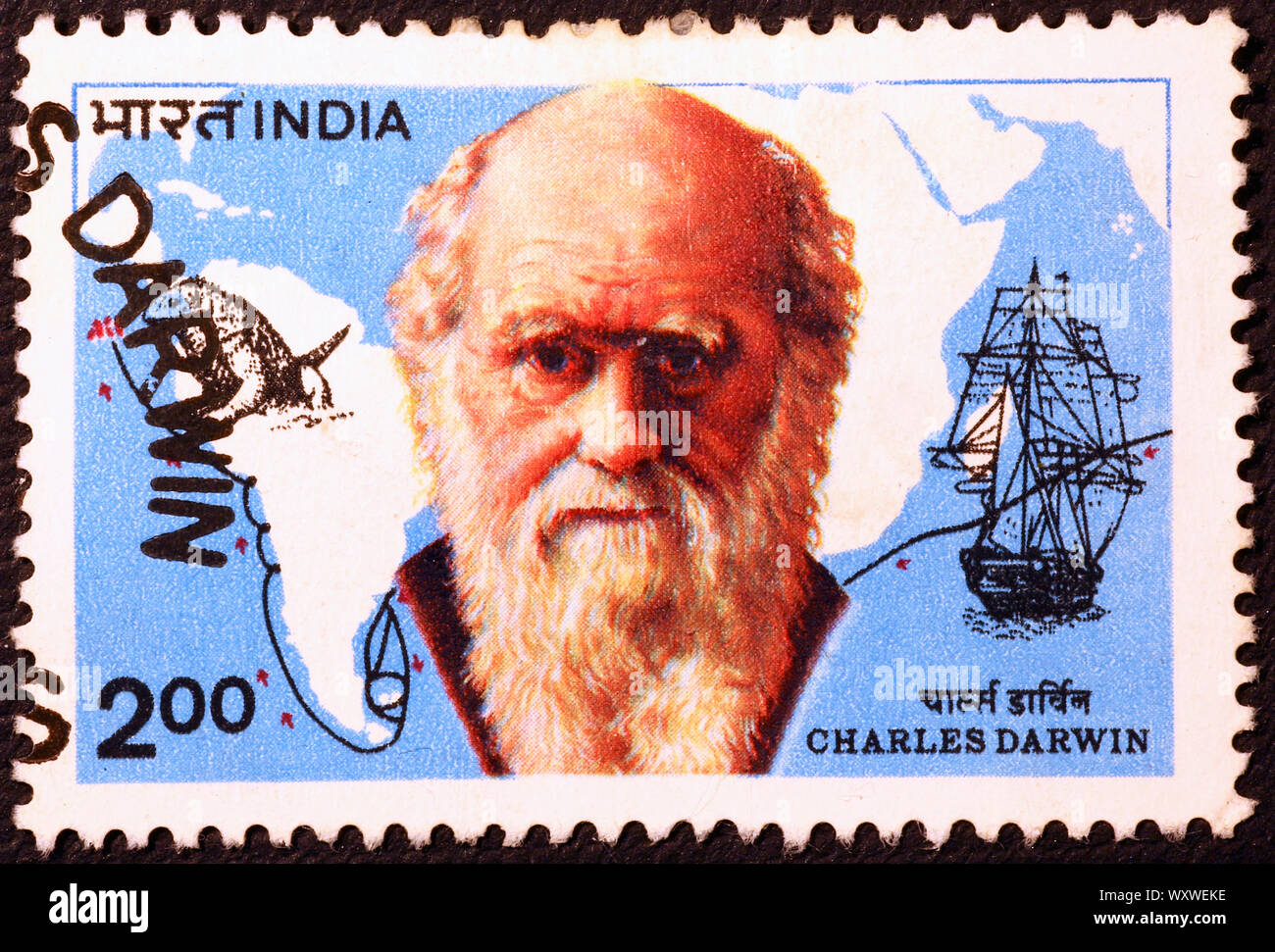 Reise der Beagle und Darwin Portrait auf indischen Briefmarke Stockfoto