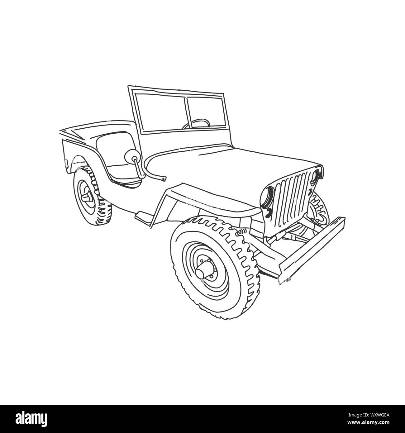 Militärisches Fahrzeug Jeep Armee Vektorlinie kunst Hand gezeichnet Abbildung Stock Vektor