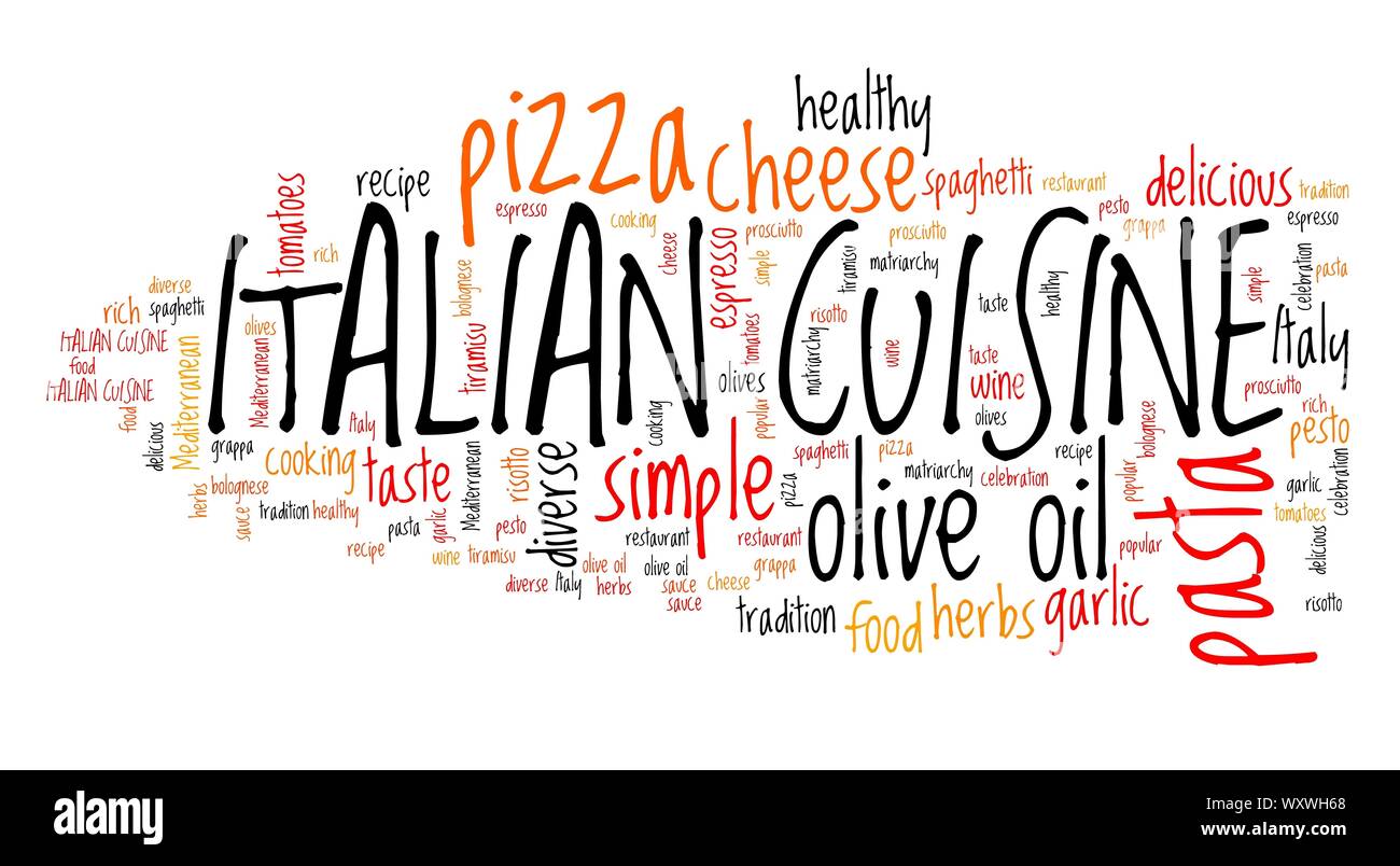 Italienische Küche - Speisen wie Pizza, Pasta und Lasagne. Wort Wolke anmelden. Stockfoto