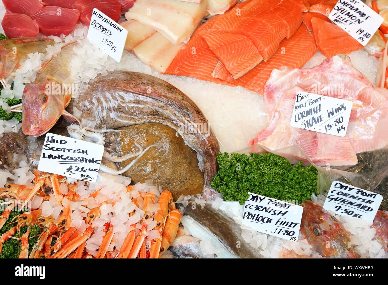 Sea Food bei London Borough Markt, Großbritannien. Stockfoto