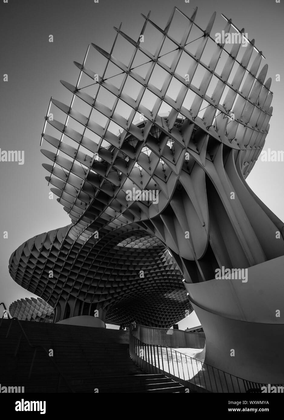 Sevilla, Spanien - Sept 10, 2019: Niedrige perspektivische Ansicht des Raumes Metropol Parasol, Setas de Sevilla in Schwarzweiß - fine art print Style Stockfoto