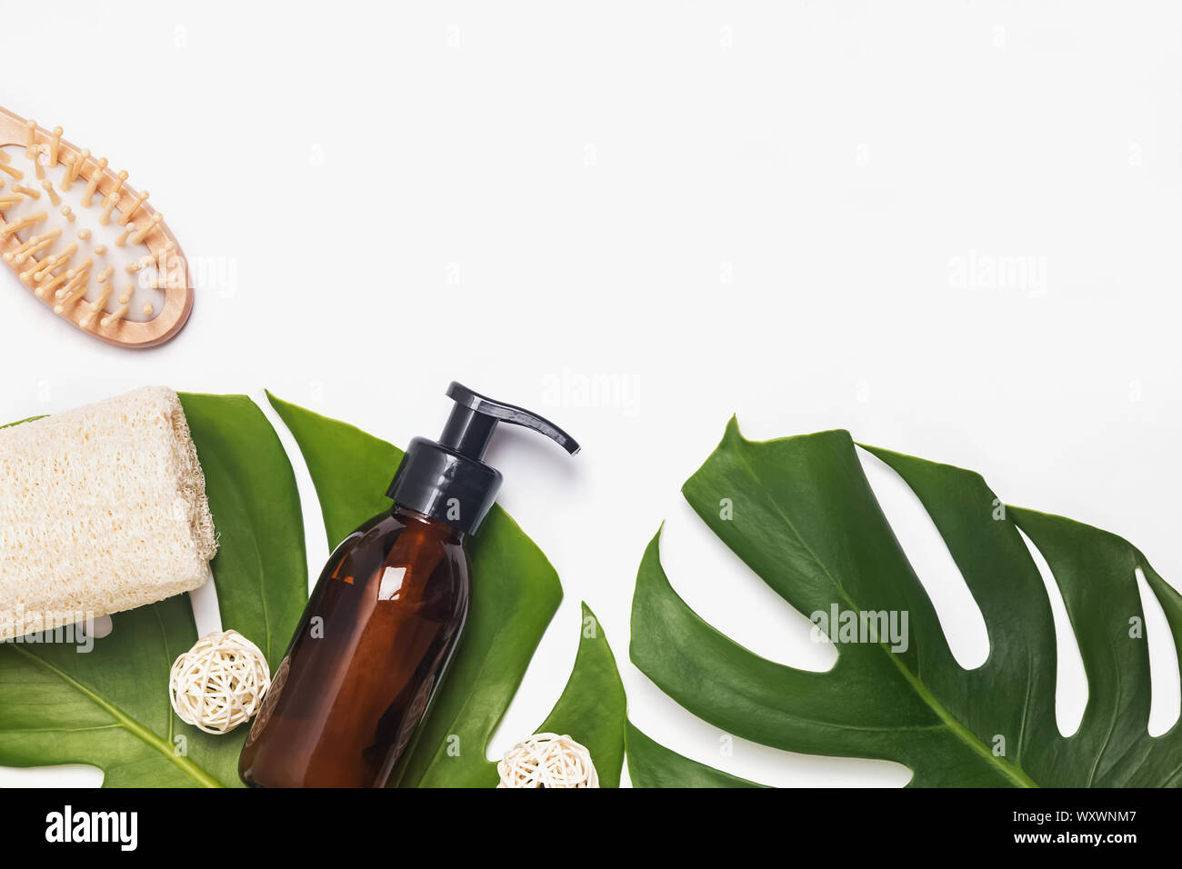 Moderne eco Badezimmer Essentials. Wiederverwendbare Dispenser, Holz- Haar Bürste und natürlichen Schwamm liegen auf monstera Blätter Stockfoto