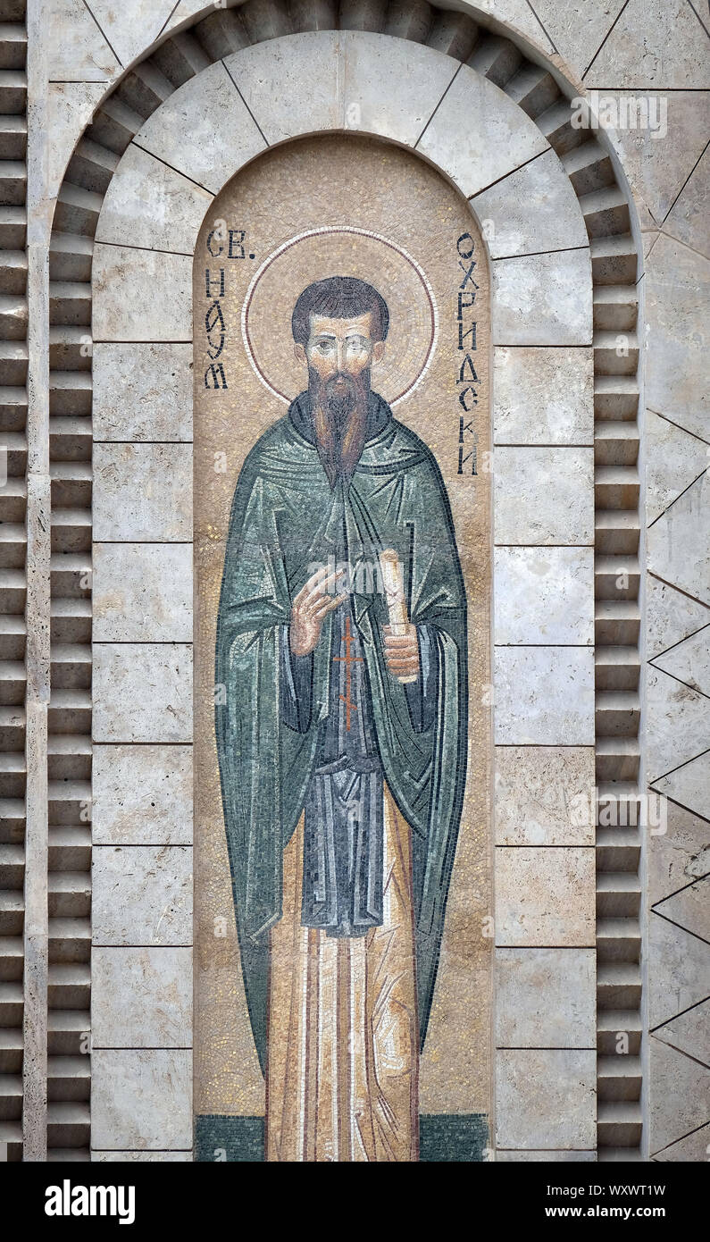 Naum, Mosaik über dem Eingang des Heiligen Konstantin und Helena Kirche in Skopje, Mazedonien Stockfoto