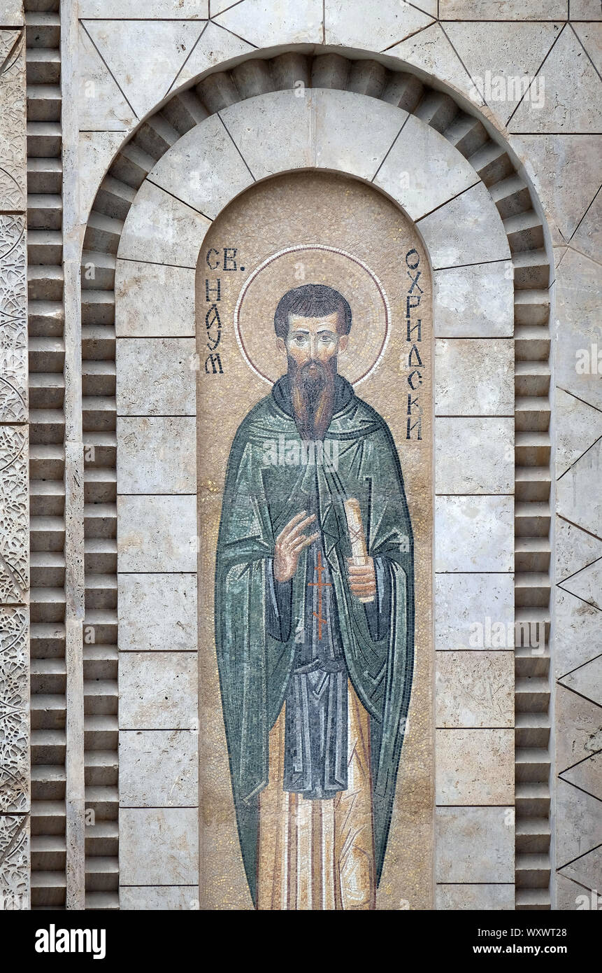 Naum, Mosaik über dem Eingang des Heiligen Konstantin und Helena Kirche in Skopje, Mazedonien Stockfoto