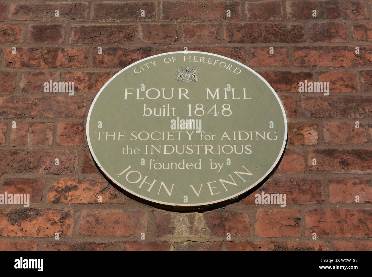 Stadt Hereford Plakette kennzeichnen eines Mühle 1848 der Gesellschaft für die fleißigen gegründet von Pfarrer John Venn Stockfoto