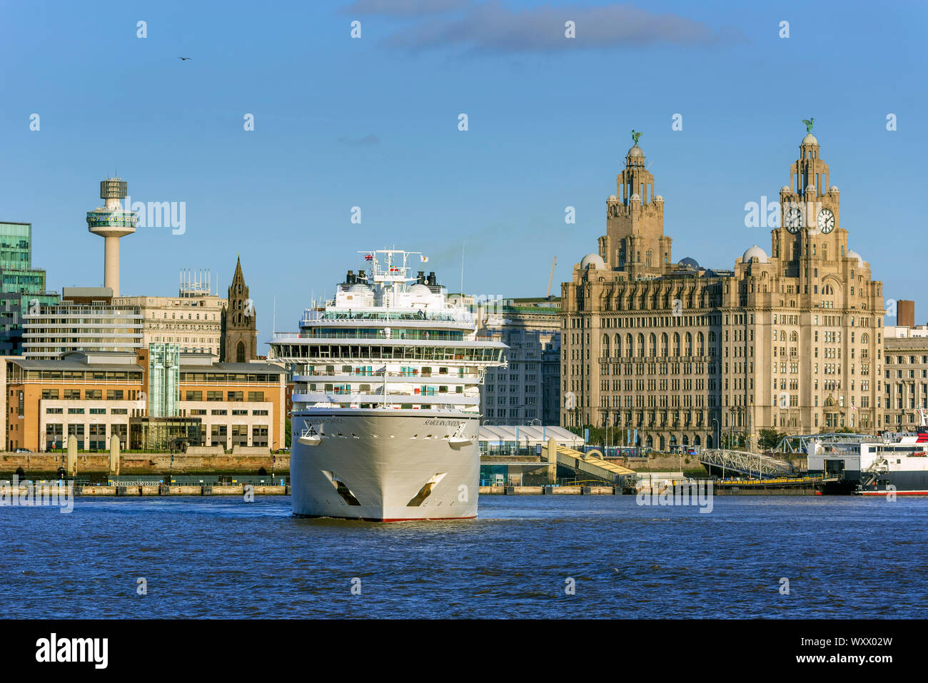 Liverpool waterfront in der Abendsonne mit Cruise lner Seabourn Ovation. Mersey Fähre die Schneeglöckchen. Dazzle Fähre das Royal Liver Building. Stockfoto